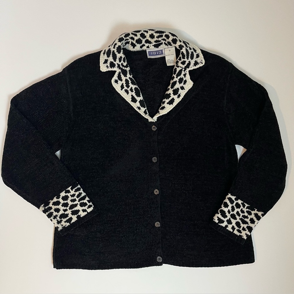 Erika & Co | Black Chenille Cardigan with Leopard Print Accents | M | Y2K
